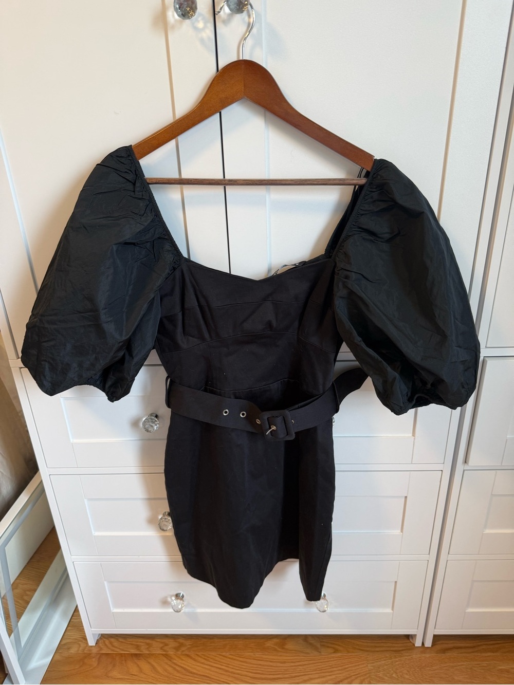 Zara Black Puff-Sleeve Mini Dress with Waist Belt